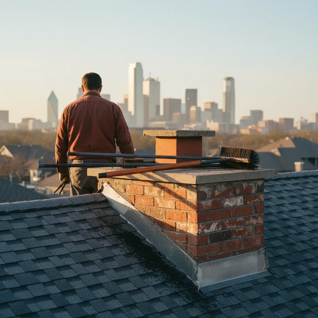 Certified chimney sweep cleaning a flue at a Dallas home